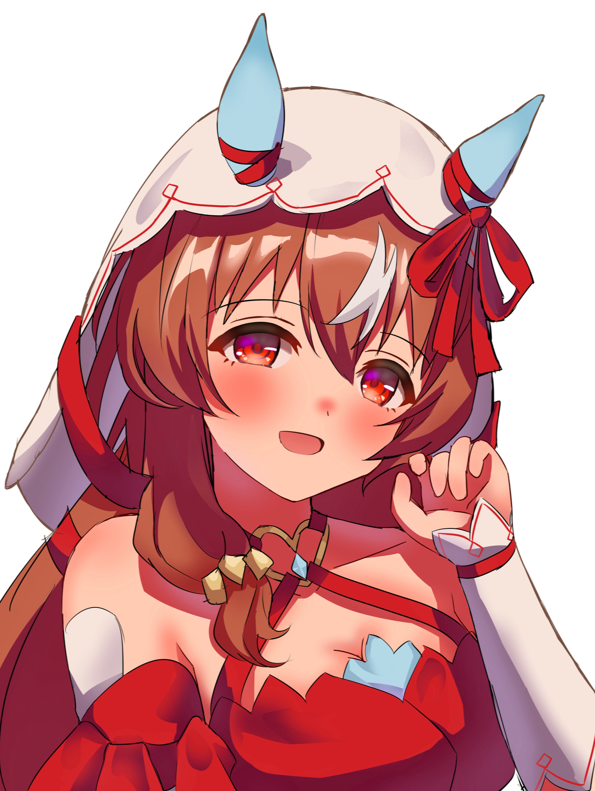 rumi (xafv5772), still in love (scarlet vow raiment) (umamusume), still in love (umamusume), umamusume, highres, 1girl, bare shoulders, breasts, brown hair, cleavage, hand up, horse girl, long hair, looking at viewer, open mouth, red eyes, simple background, smile, solo, upper body, white background
