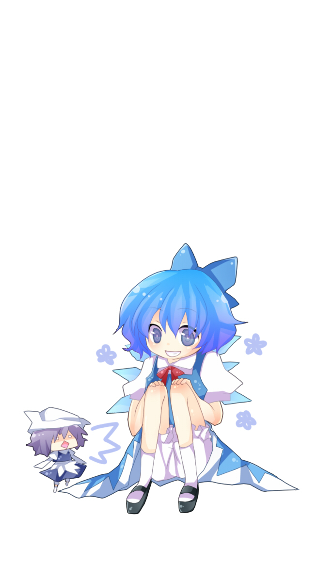 yuhiko, cirno, letty whiterock, touhou, highres, 2girls, bloomers, blue eyes, blue hair, bow, bowtie, dress, female focus, hair ribbon, hat, multiple girls, purple hair, ribbon, simple background, underwear, white background, white bloomers, wings
