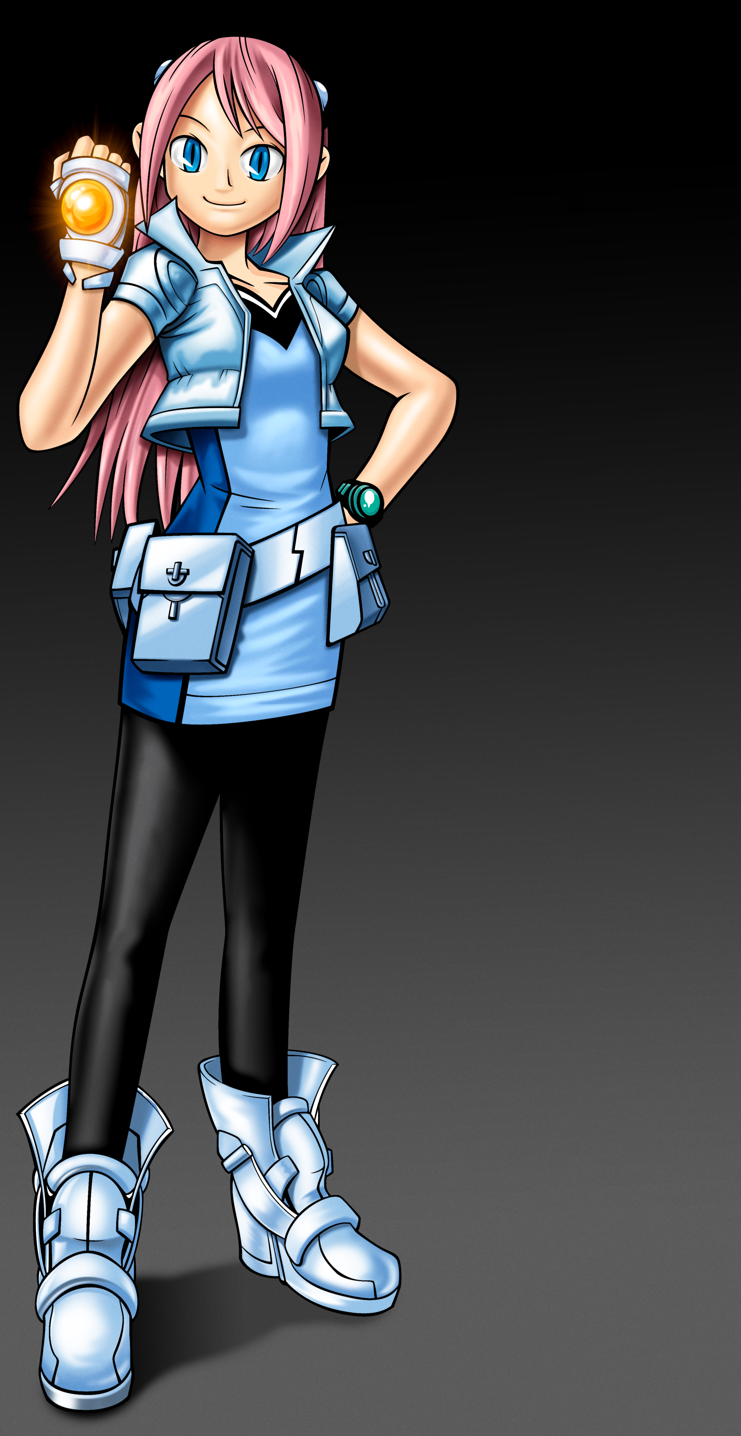 jeena (spectrobes), disney, spectrobes (series), absurdres, highres, 1girl, blue eyes, breasts, long hair, nose, pink hair, small breasts, solo, solo focus, standing