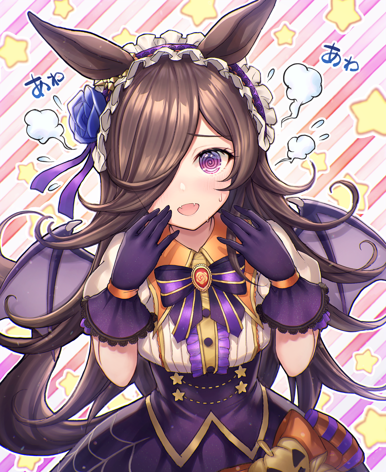 mirukurim, rice shower (make up vampire!) (umamusume), rice shower (umamusume), umamusume, commentary request, highres, 1girl, @ @, animal ears, bat wings, blue flower, bow, brown hair, center frills, fangs, flower, frilled hairband, frills, gloves, hair flower, hair ornament, hair over one eye, hairband, halloween costume, hands up, horse ears, horse girl, long hair, official alternate costume, puffy short sleeves, puffy sleeves, purple bow, purple eyes, purple gloves, short sleeves, simple background, solo, star (symbol), striped background, sweat, vampire costume, wings