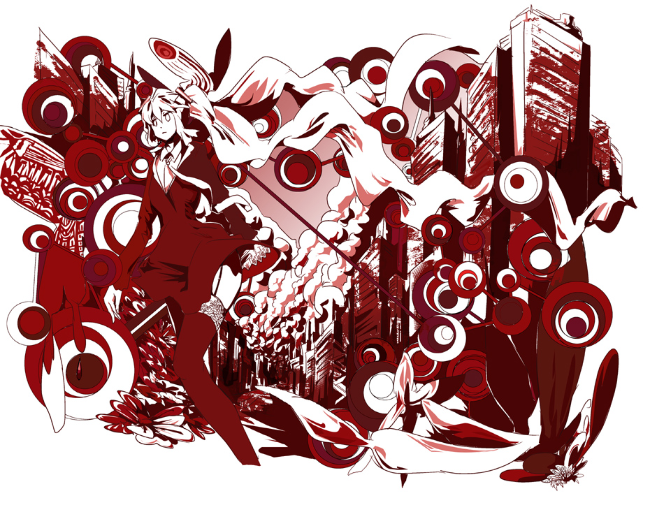 tanupo, hatsune miku, vocaloid, 1girl, building, cityscape, garter belt, long hair, monochrome, necktie, red theme, smoke, very long hair
