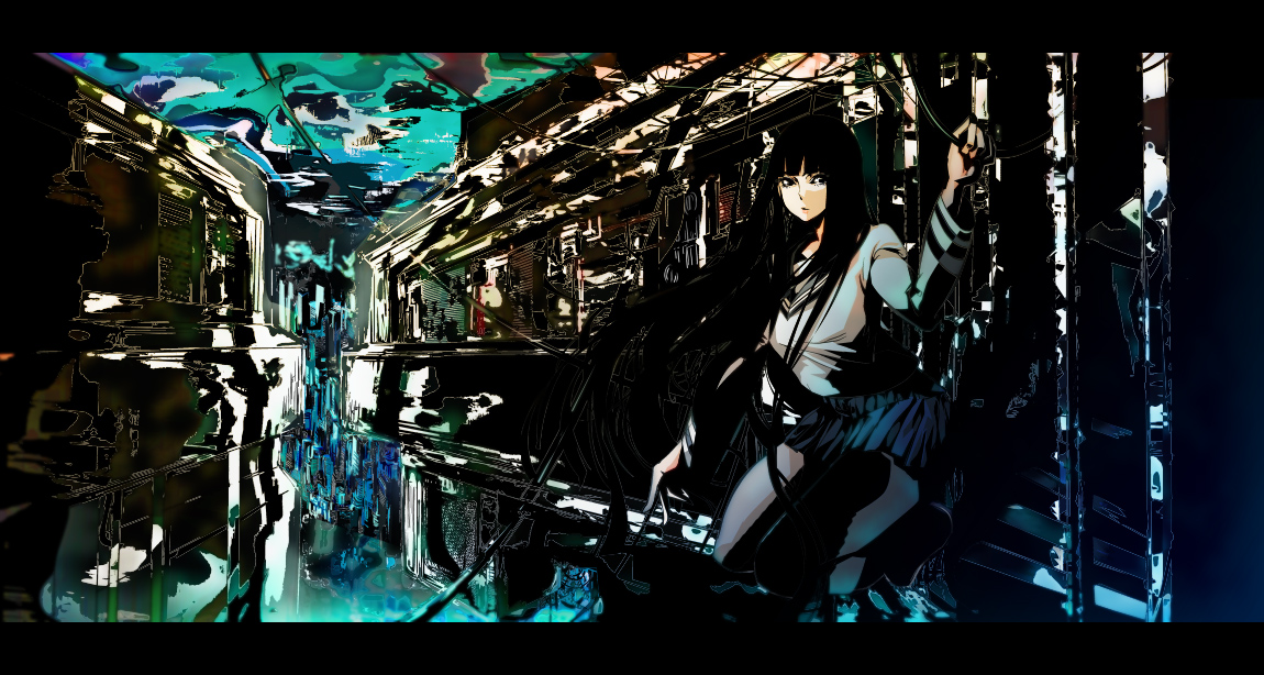 tanupo, 1girl, black eyes, black hair, cable, female focus, long hair, school uniform, serafuku, solo, very long hair