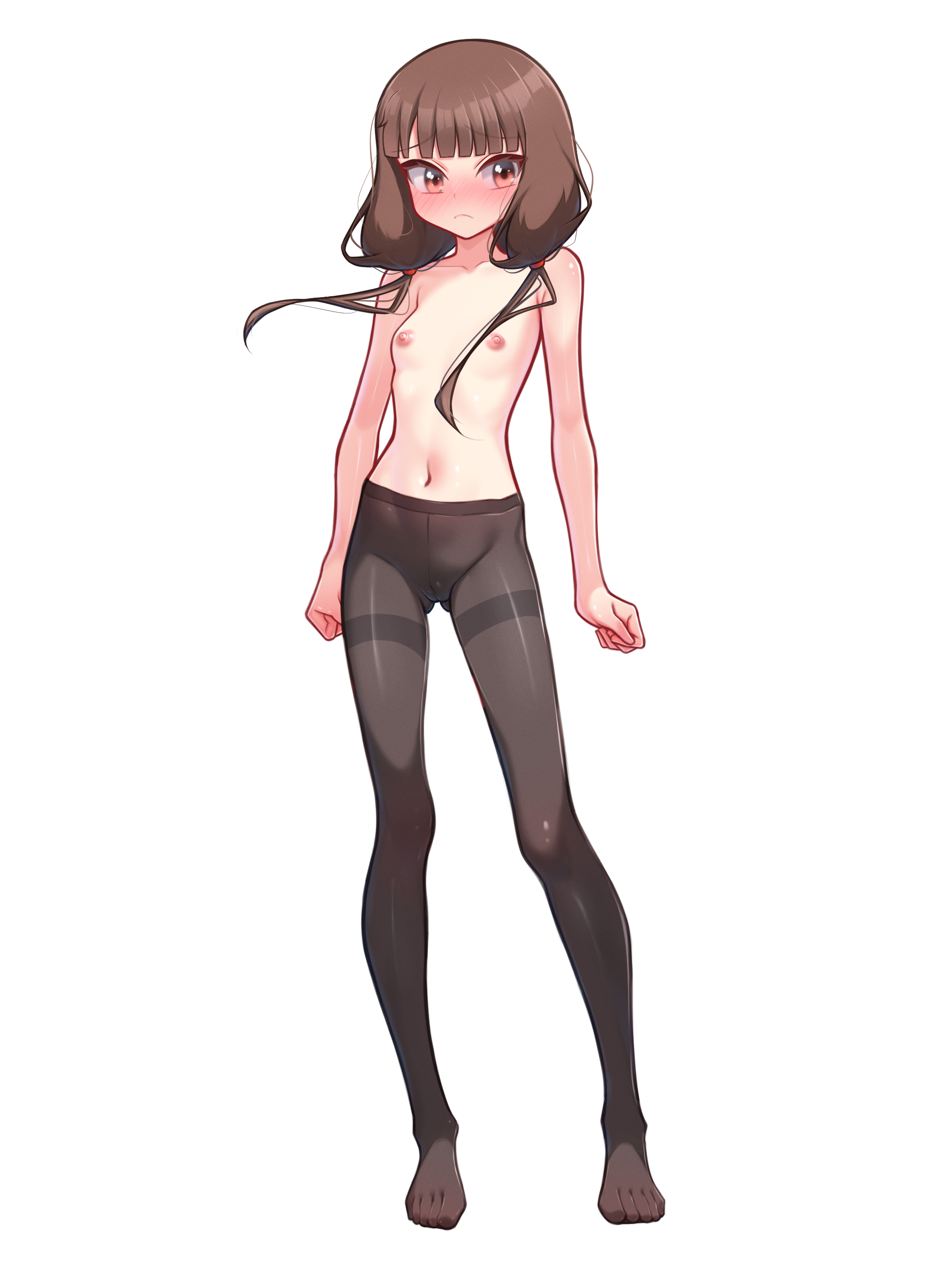 moriforests, iino miko, kaguya-sama wa kokurasetai ~tensai-tachi no renai zunousen~, absurdres, highres, 1girl, blunt bangs, blush, breasts, brown eyes, brown hair, brown pantyhose, closed mouth, collarbone, frown, full body, long hair, looking at viewer, low twintails, navel, nipples, pantyhose, shiny skin, simple background, small breasts, solo, topless female, twintails, white background