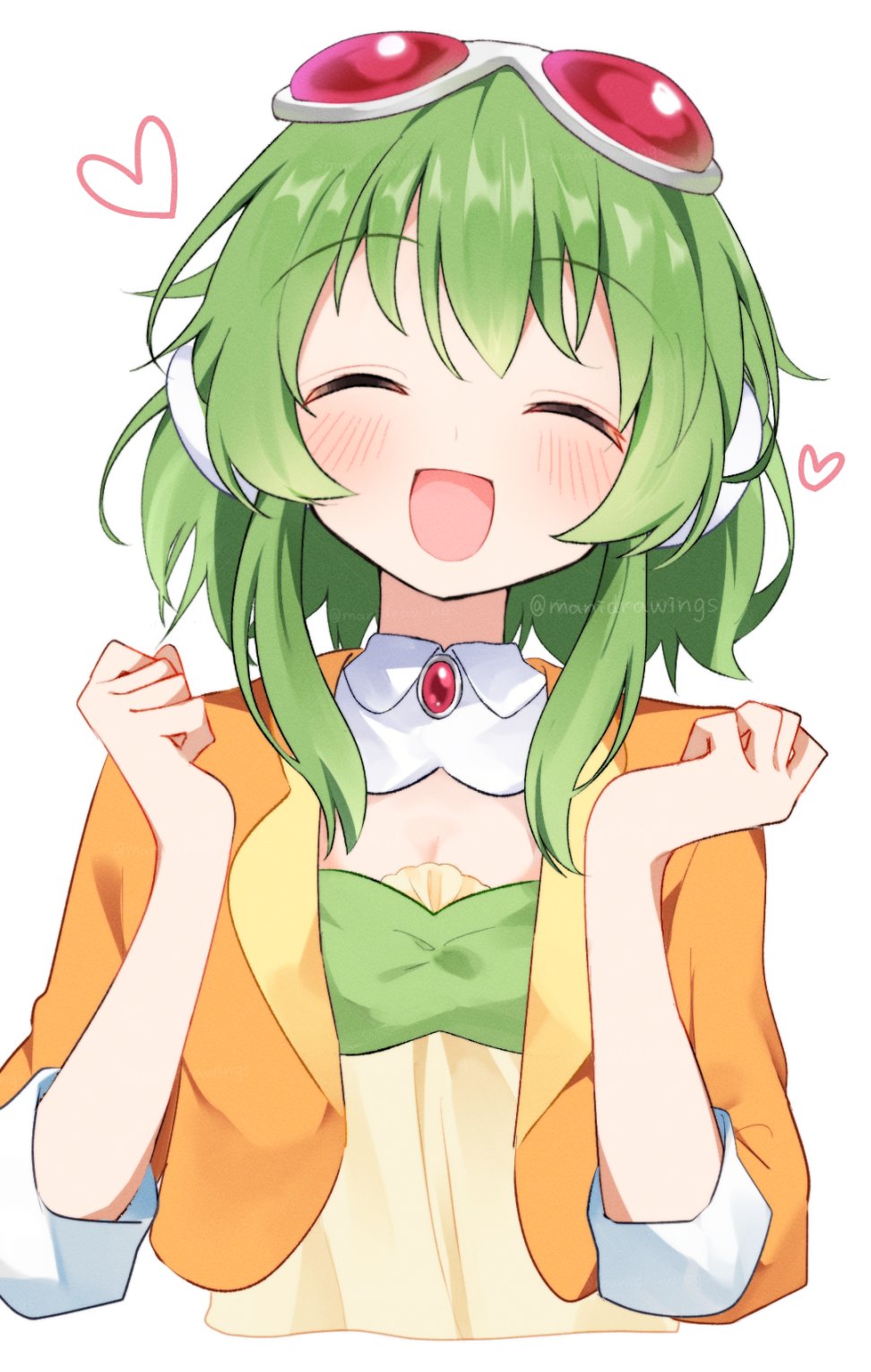 mani (manidrawings), gumi, vocaloid, commentary request, highres, 1girl, :d, ^ ^, blush, closed eyes, closed mouth, cropped torso, facing viewer, goggles, goggles on head, green hair, hands up, heart, jacket, medium hair, open clothes, open jacket, open mouth, orange jacket, red-tinted eyewear, shirt, simple background, smile, solo, three-quarter sleeves, tinted eyewear, twitter username, white background, yellow shirt