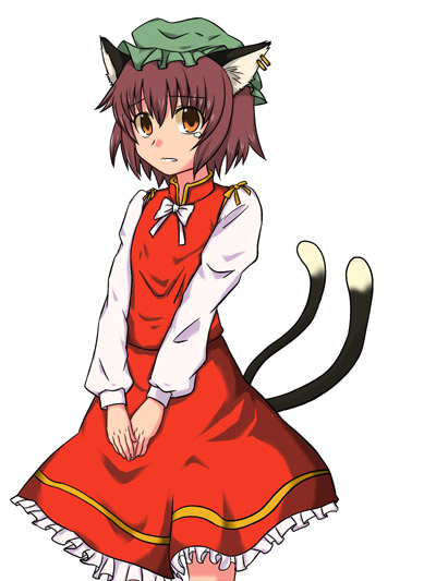 hiromasa, chen, touhou, 1girl, animal ears, bow, bowtie, brown hair, cat ears, cat girl, cat tail, dress, female focus, hat, multiple tails, orange eyes, ribbon, short hair, simple background, solo, tail, tears, v arms