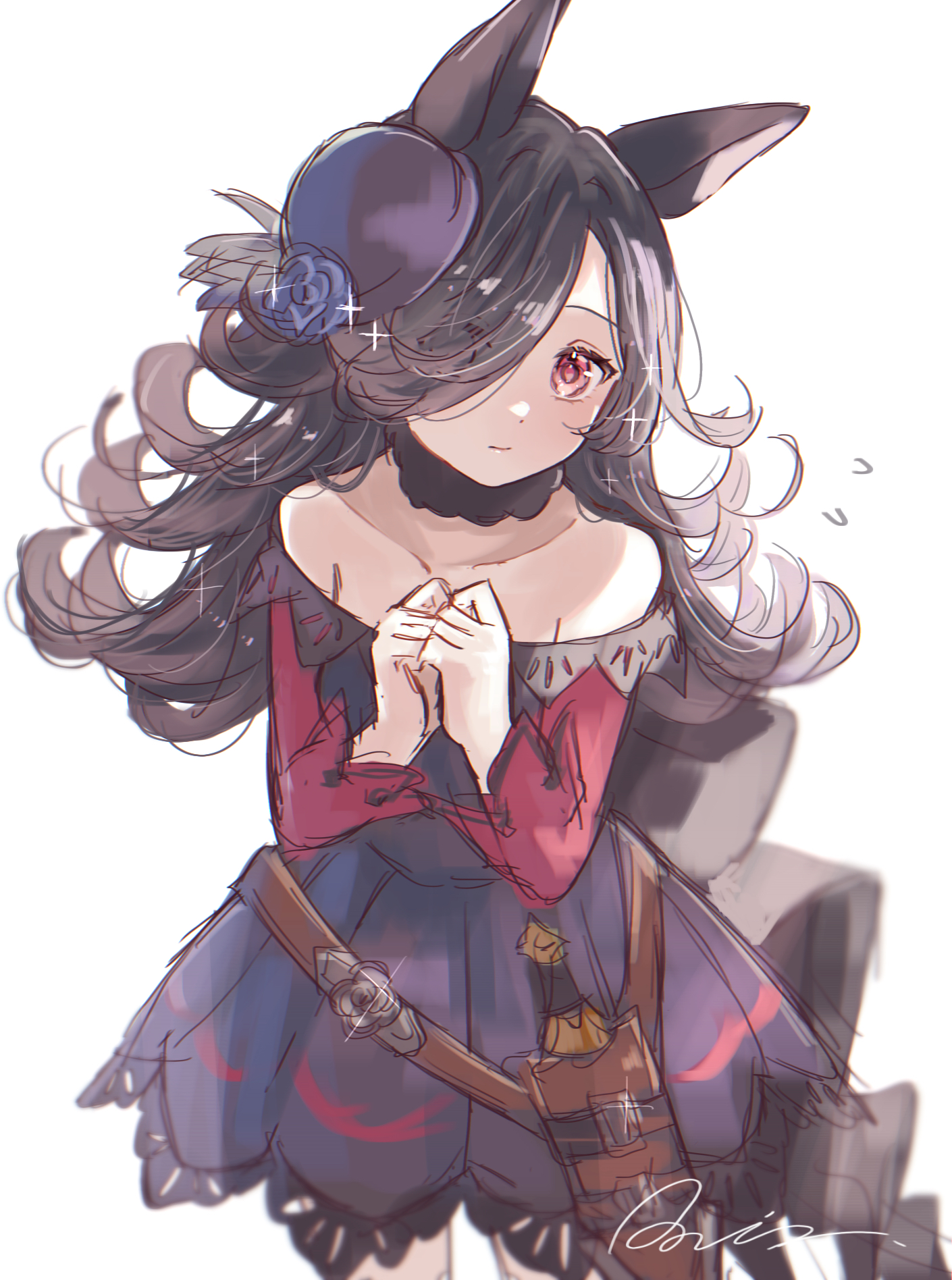 raria (reisui25 raria), rice shower (rosy dreams) (umamusume), rice shower (umamusume), umamusume, commentary request, highres, 1girl, animal ears, bare shoulders, black hair, blue flower, blue rose, cowboy shot, dress, eyes visible through hair, flower, flying sweatdrops, hair over one eye, hat, hat flower, horse ears, horse girl, knife, knife sheath, long hair, long sleeves, looking at viewer, off-shoulder dress, off shoulder, own hands together, red eyes, rose, sheath, sheathed, simple background, solo, sparkle, tilted headwear, white background