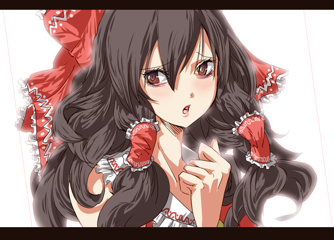 tanupo, hakurei reimu, imperishable night, touhou, 1girl, black hair, bow, brown eyes, female focus, frilled hair tubes, frills, hair bow, hair tubes, japanese clothes, letterboxed, long hair, solo, wavy hair