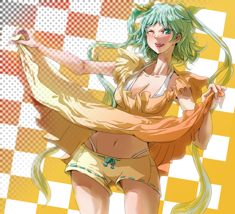 tanupo, 1girl, breasts, cleavage, clothes lift, dress, dress lift, female focus, green hair, halterneck, hip focus, long hair, medium breasts, one eye closed, panties, short shorts, shorts, shorts under dress, skirt, solo, thong, underwear, upskirt, very long hair, wide hips, wink