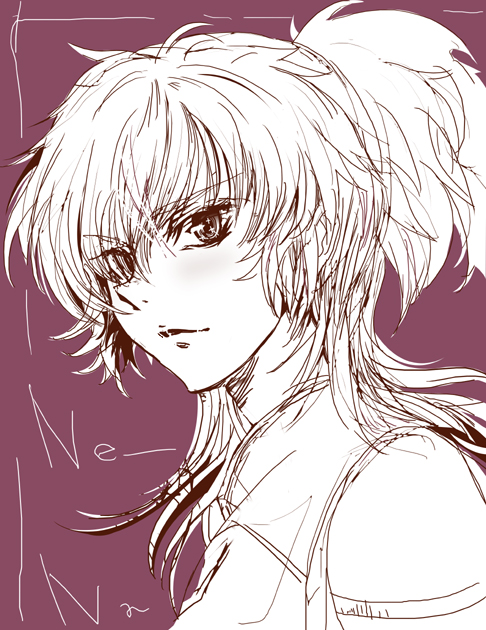 tanupo, nena trinity, gundam, gundam 00, 00s, 1girl, female focus, monochrome, purple background, purple theme, sketch, solo