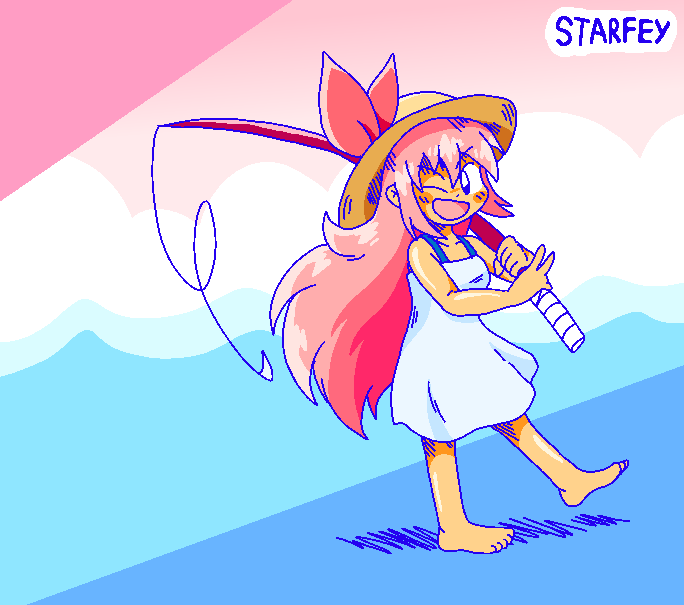 original, 1girl, blue eyes, breasts, javelyn spearfisher (starfeycomet), long hair, pink hair, small breasts, smile, solo, solo focus, standing, starfeycomet