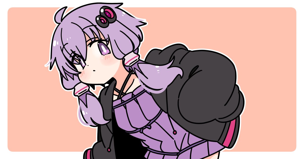 ini (inunabe00), yuzuki yukari, vocaloid, voiceroid, 1girl, ahoge, black jacket, blush, border, bright pupils, closed mouth, collarbone, cowboy shot, dress, hair ornament, halter dress, halterneck, jacket, long sleeves, looking at viewer, open clothes, open jacket, orange background, outline, outside border, purple dress, purple eyes, purple hair, short hair with long locks, simple background, sleeves past fingers, sleeves past wrists, solo, white border, white outline, white pupils