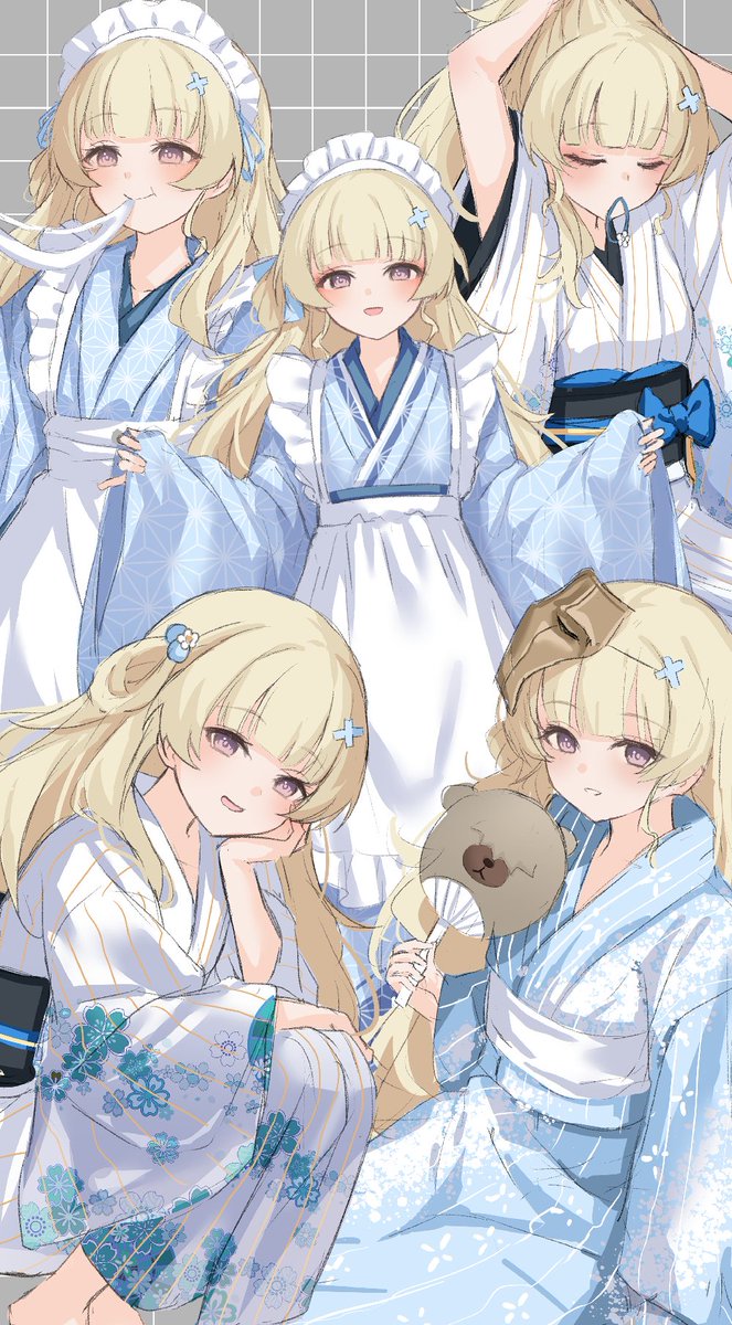 kuramoto beta-carotene, phoebe (wuthering waves), wuthering waves, commentary request, highres, 1girl, alternate costume, apron, black sash, blonde hair, blue kimono, blush, breasts, closed eyes, closed mouth, diggy duggy (wuthering waves), eating, enmaided, floral print, floral print kimono, food, furisode, grey background, grid background, hair ornament, hair tie in mouth, hand fan, head rest, holding, holding fan, japanese clothes, kimono, long hair, long sleeves, maid, maid headdress, mask, mask on head, mochi, mochi trail, mouth hold, multiple views, obi, obiage, obijime, objectification, parted lips, print kimono, purple eyes, sash, small breasts, smile, squatting, tuanshan, tying hair, very long hair, wa maid, white kimono, white sash, wide sleeves, x hair ornament