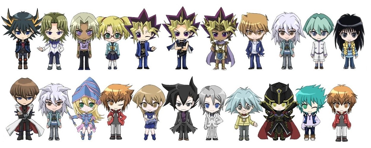 atem, bakura ryou, dark magician girl, fudo yusei, fujiwara yuusuke, johan andersen, jonouchi katsuya, kaiba mokuba, kaiba noah, kaiba seto, manjoume jun, marik ishtar, marufuji sho, muto yugi, tenjouin asuka, touzokuou bakura, yami bakura, yami yugi, yuki judai, yu-gi-oh!, yu-gi-oh! 5d's, yu-gi-oh! duel monsters, yu-gi-oh! gx, yuu-gi-ou, jpeg artifacts, 00s, 3girls, 6+boys, black hair, blonde hair, blue eyes, blue hair, breasts, brown eyes, brown hair, chibi, dark skin, duel monster, everyone, gloves, green eyes, green hair, jacket, large breasts, long hair, multiple boys, multiple girls, school uniform, serafuku, short hair, skirt, white hair, yellow eyes