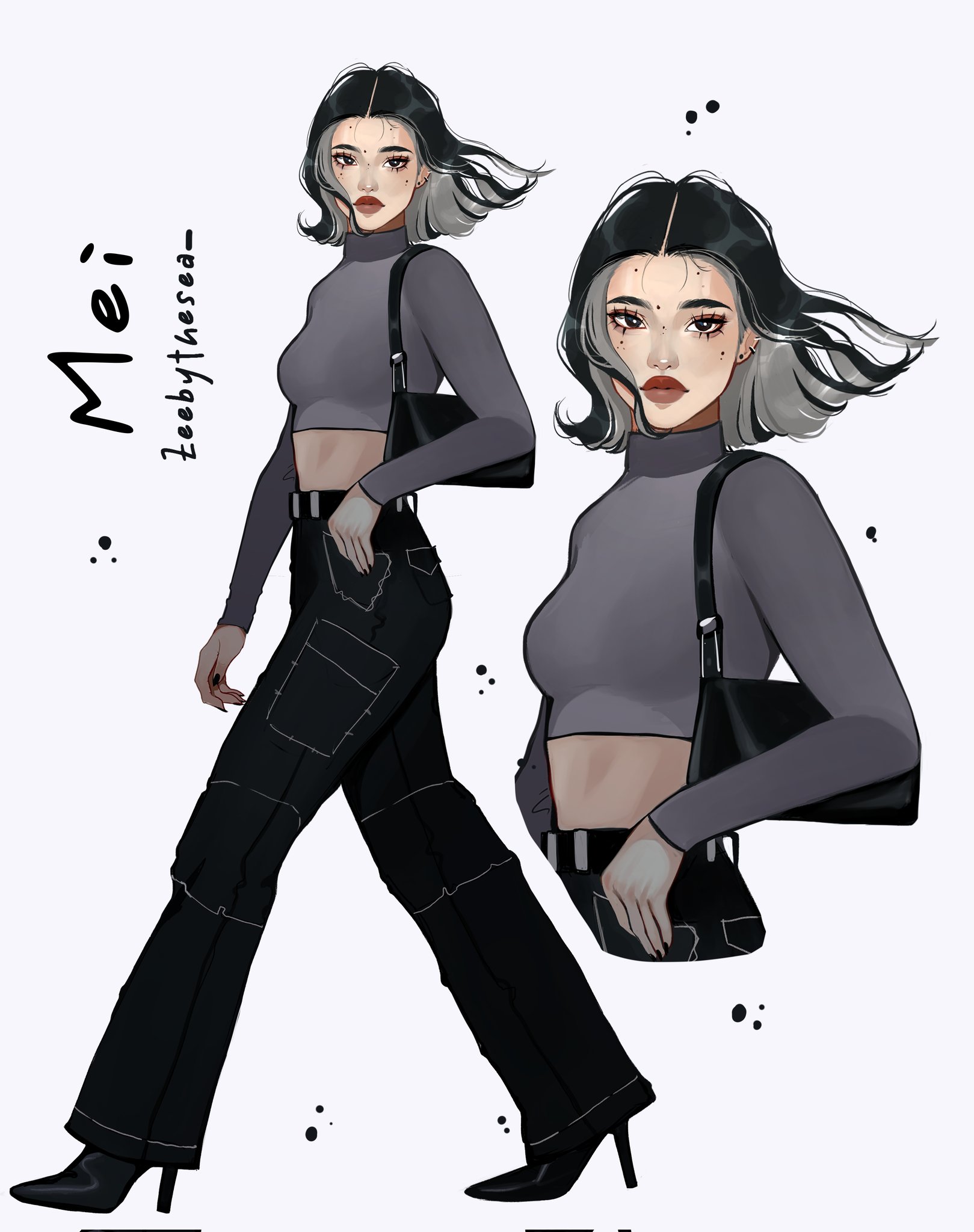 zeebythesea, original, highres, 1girl, artist name, asian, bag, black bag, black boots, black eyes, black hair, black nails, black pants, boots, brown lips, character name, closed mouth, colored inner hair, cropped shirt, cropped torso, ear piercing, earrings, eyelashes, fashion, flipped hair, floating hair, forehead, from side, full body, grey hair, grey shirt, hand in pocket, handbag, high heel boots, high heels, jewelry, long hair, looking ahead, medium hair, mei (zeebythesea), modeling, mole, mole on cheek, mole on forehead, multicolored hair, multiple moles, multiple views, pants, piercing, shirt, shoulder bag, streetwear, stud earrings, thick eyebrows, thick lips, tight clothes, tight shirt, turtleneck, two-tone background, two-tone hair, walking, white background