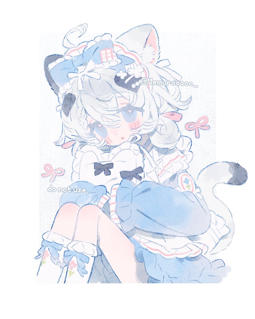 memuro, original, 1girl, animal ear fluff, animal ears, blue bow, blue dress, blue eyes, blush, border, bow, cat ears, cat girl, cat tail, cropped legs, double-parted bangs, dress, grey background, hair between eyes, hair bow, knees up, long hair, long sleeves, looking at viewer, open mouth, outside border, pillow, simple background, sleeves past fingers, sleeves past wrists, socks, solo, tail, twitter username, white border, white hair, white socks