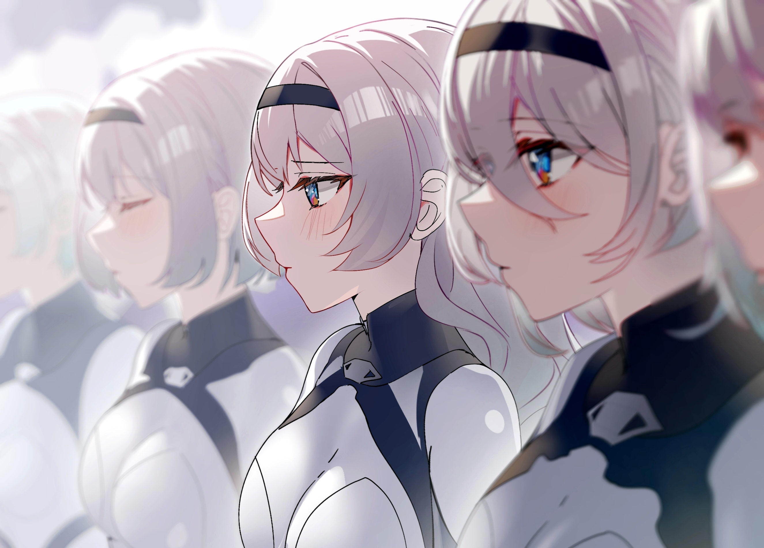 devl ga aru, firefly (ar-26710) (honkai: star rail), firefly (honkai: star rail), honkai: star rail, honkai (series), highres, 5girls, black hairband, blue eyes, blurry, blurry background, blush, bodysuit, breasts, clone, closed eyes, closed mouth, gradient hair, green hair, grey hair, hair between eyes, hairband, long hair, medium breasts, multicolored hair, multiple girls, official alternate costume, official alternate hairstyle, short hair, white bodysuit