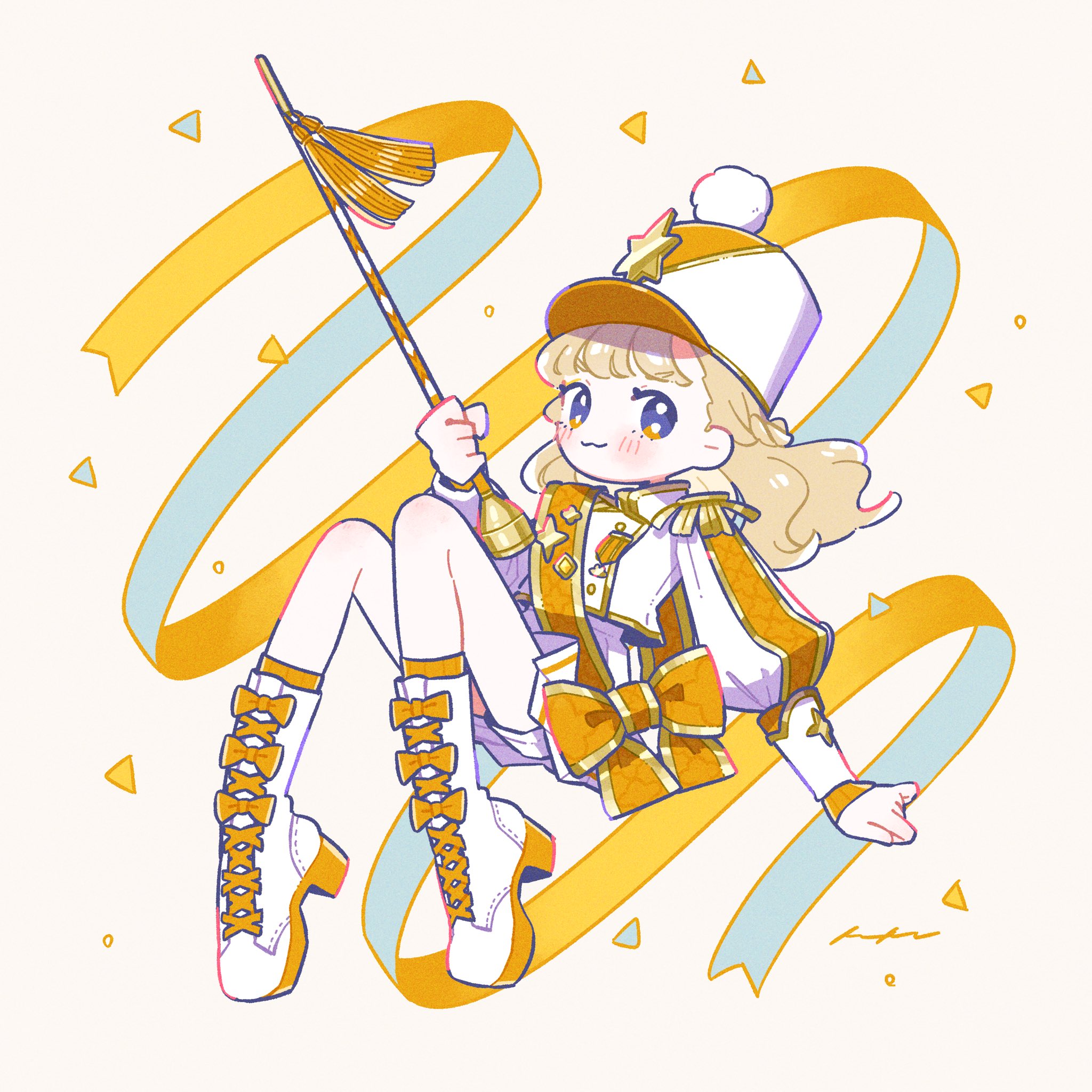 keke (kotowari), original, commentary, highres, symbol-only commentary, 1girl, :3, blush, boots, closed mouth, full body, hat, holding, lace-up boots, long sleeves, looking at viewer, orange eyes, orange socks, ribbed socks, shirt, shorts, smile, socks, solo, white boots, white hat, white shirt, white shorts