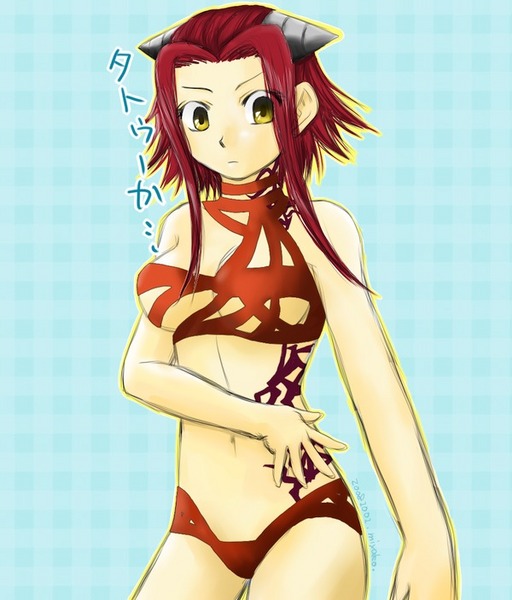 izayoi aki, yu-gi-oh!, yu-gi-oh! 5d's, bad id, bad pixiv id, 00s, 1girl, bad anatomy, breasts, drill, female focus, red hair, short hair, short hair with long locks, solo, swimsuit, tattoo, yellow eyes