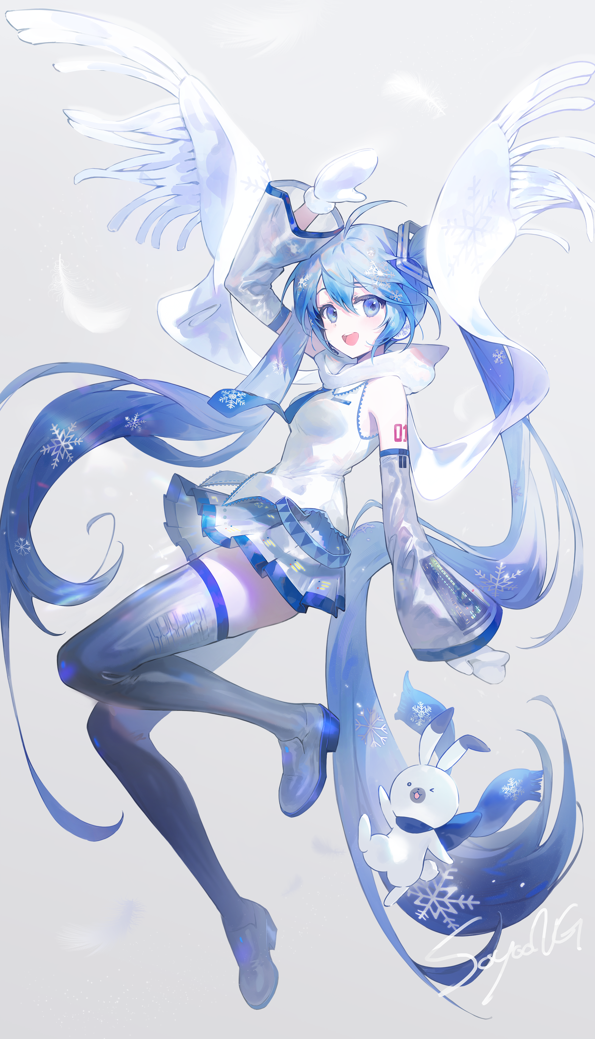 soyoong jun, hatsune miku, rabbit yukine, yuki miku, yuki miku (2011), vocaloid, absurdres, highres, 1girl, 1other, ahoge, aqua eyes, aqua hair, arm up, blue necktie, blue trim, boots, breasts, collared shirt, detached sleeves, full body, hair between eyes, hair ornament, long hair, long sleeves, looking at viewer, medium breasts, mittens, necktie, open mouth, rabbit, scarf, shirt, signature, sleeveless, sleeveless shirt, smile, snowflake print, thigh boots, twintails, very long hair, white mittens, white scarf, white shirt, wide sleeves