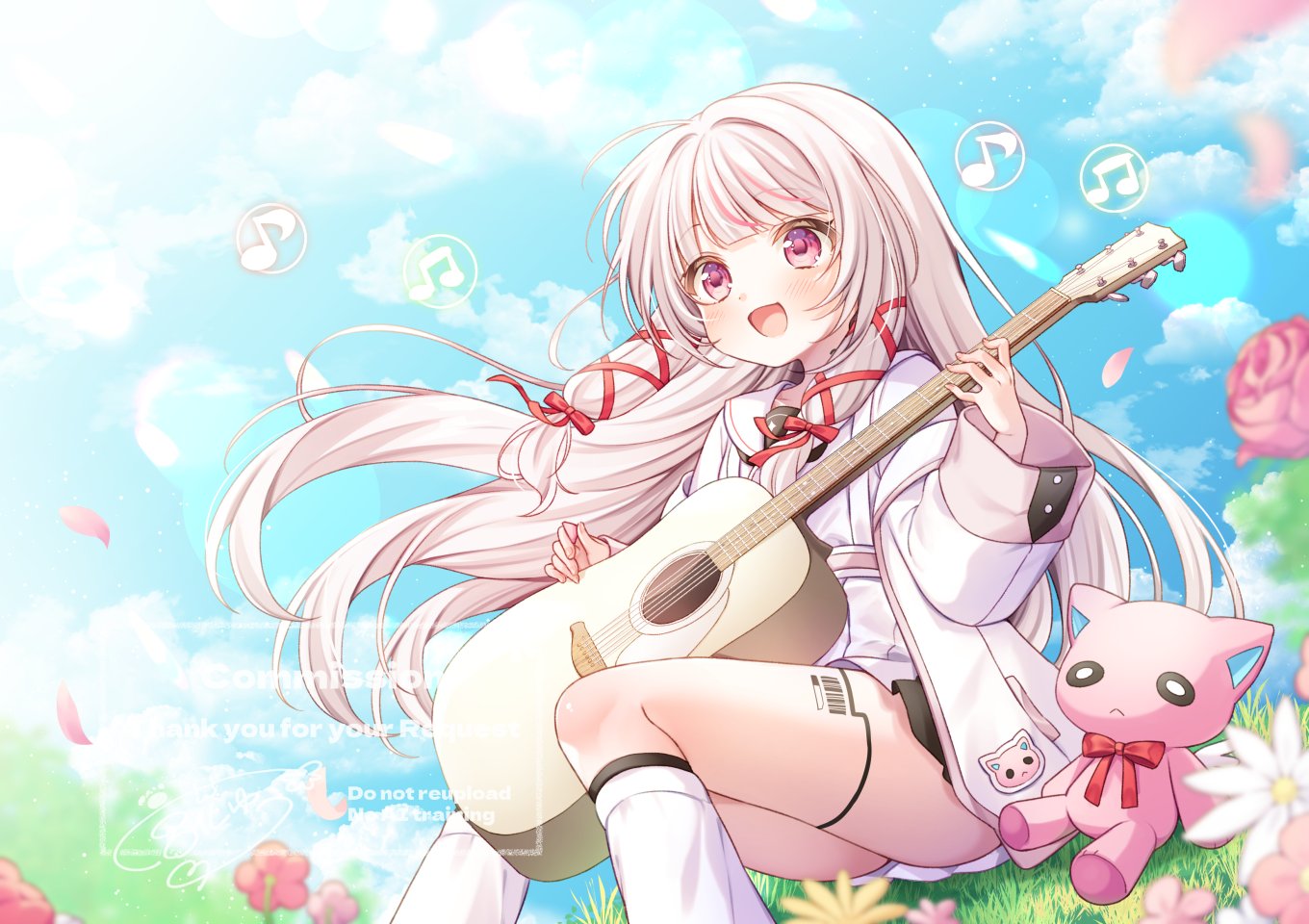 miyahana yu (artist), indie virtual youtuber, commentary, commission, skeb commission, 1girl, :d, acoustic guitar, blue sky, blunt bangs, blush, cloud, day, feet out of frame, guitar, hair ribbon, holding, holding guitar, holding instrument, instrument, jacket, long hair, long sleeves, misumi (vtuber), open clothes, open jacket, open mouth, outdoors, purple eyes, red ribbon, ribbon, signature, sitting, sky, smile, socks, solo, virtual youtuber, watermark, white hair, white jacket, white socks
