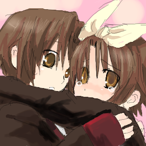 komota (mikebukuro), naoe riki, little busters!, gender request, lowres, 1boy, 1girl, blush, breasts, brown eyes, brown hair, genderswap, ribbon, school uniform, serafuku, short hair