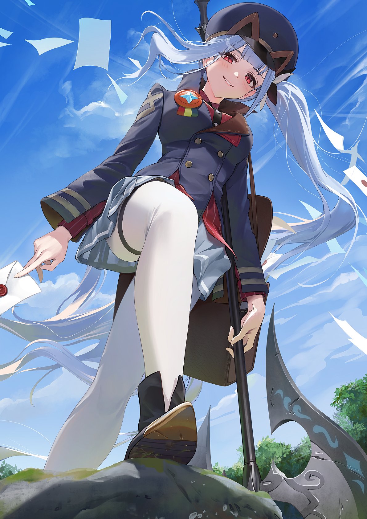 ame (uten cancel), freesia (stella sora), stella sora, commentary request, highres, 1girl, axe, battle axe, black hat, black jacket, blue sky, day, envelope, floating hair, from below, grey skirt, hat, holding, holding axe, holding envelope, jacket, long hair, looking at viewer, miniskirt, outdoors, pantyhose, pinstripe pattern, pinstripe shirt, red eyes, red shirt, shirt, side ponytail, skirt, sky, smile, standing, weapon, white hair, white pantyhose