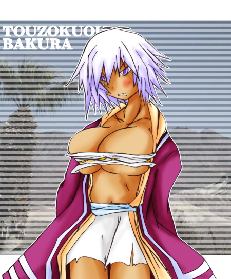 owariko (last life), touzokuou bakura, yu-gi-oh!, yu-gi-oh! duel monsters, bad id, bad pixiv id, gender request, 1girl, blush, breasts, cleavage, dark-skinned female, dark skin, female focus, genderswap, large breasts, purple eyes, short hair, skirt, solo, white hair