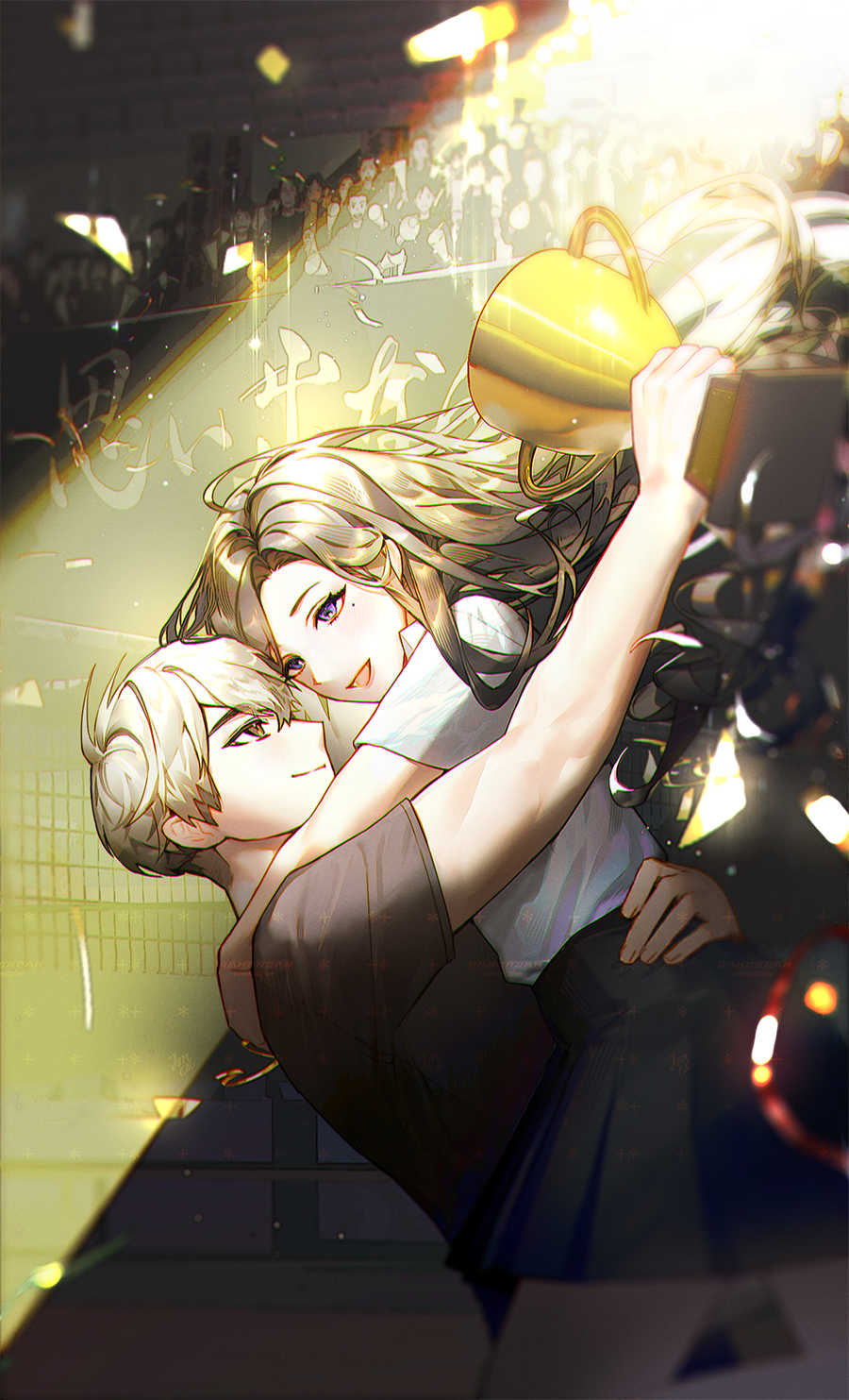 bamcream, original, commentary, commission, english commentary, highres, 1boy, 1girl, :d, black shirt, black skirt, brown hair, closed mouth, cowboy shot, grey hair, holding, holding trophy, hug, long hair, open mouth, pleated skirt, purple eyes, shirt, short hair, short sleeves, skirt, smile, trophy, white shirt
