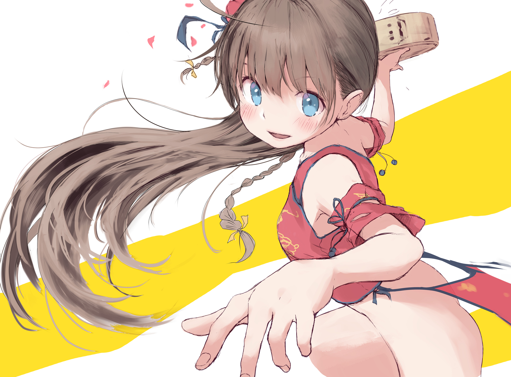 tamanoi peromekuri, original, highres, 1girl, arm strap, ass, blue eyes, blush, braid, breasts, brown hair, china dress, chinese clothes, cowboy shot, dress, from side, hair ornament, hair ribbon, hands up, holding, holding tray, leg up, long hair, looking at viewer, open mouth, red dress, ribbon, sleeveless, sleeveless dress, small breasts, smile, solo, standing, tareme, tray, two-tone background, very long hair, white background, yellow background, yellow ribbon