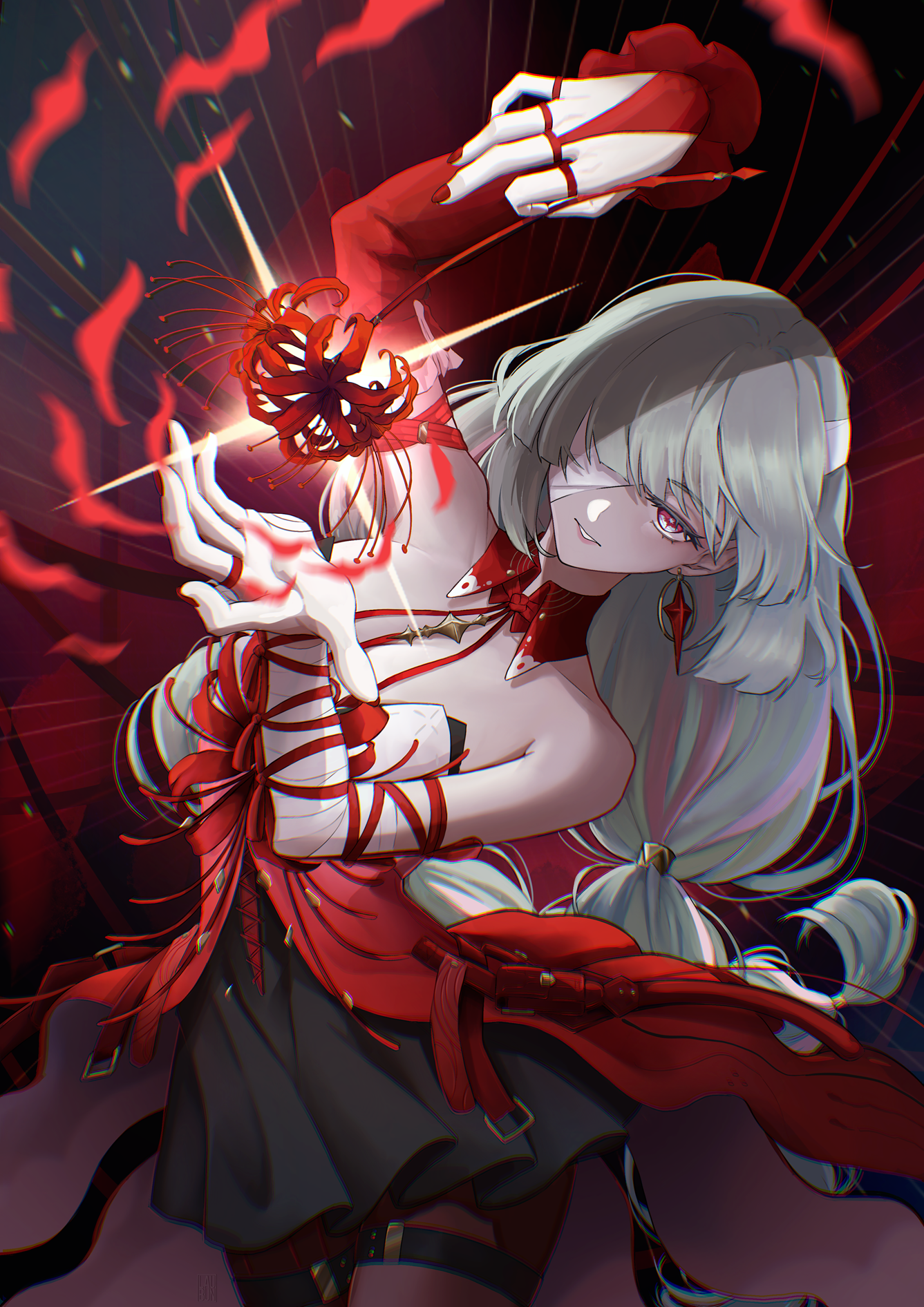 laubun, phrolova (wuthering waves), wuthering waves, commentary, english commentary, highres, 1girl, bandage over one eye, bare shoulders, black pantyhose, black skirt, breasts, chromatic aberration, detached sleeves, dress, earrings, flower, grey eyes, halter dress, halterneck, hand up, holding, holding flower, jewelry, looking at viewer, nail polish, pantyhose, parted lips, red dress, red flower, red nails, single detached sleeve, skirt, small breasts, solo, spider lily