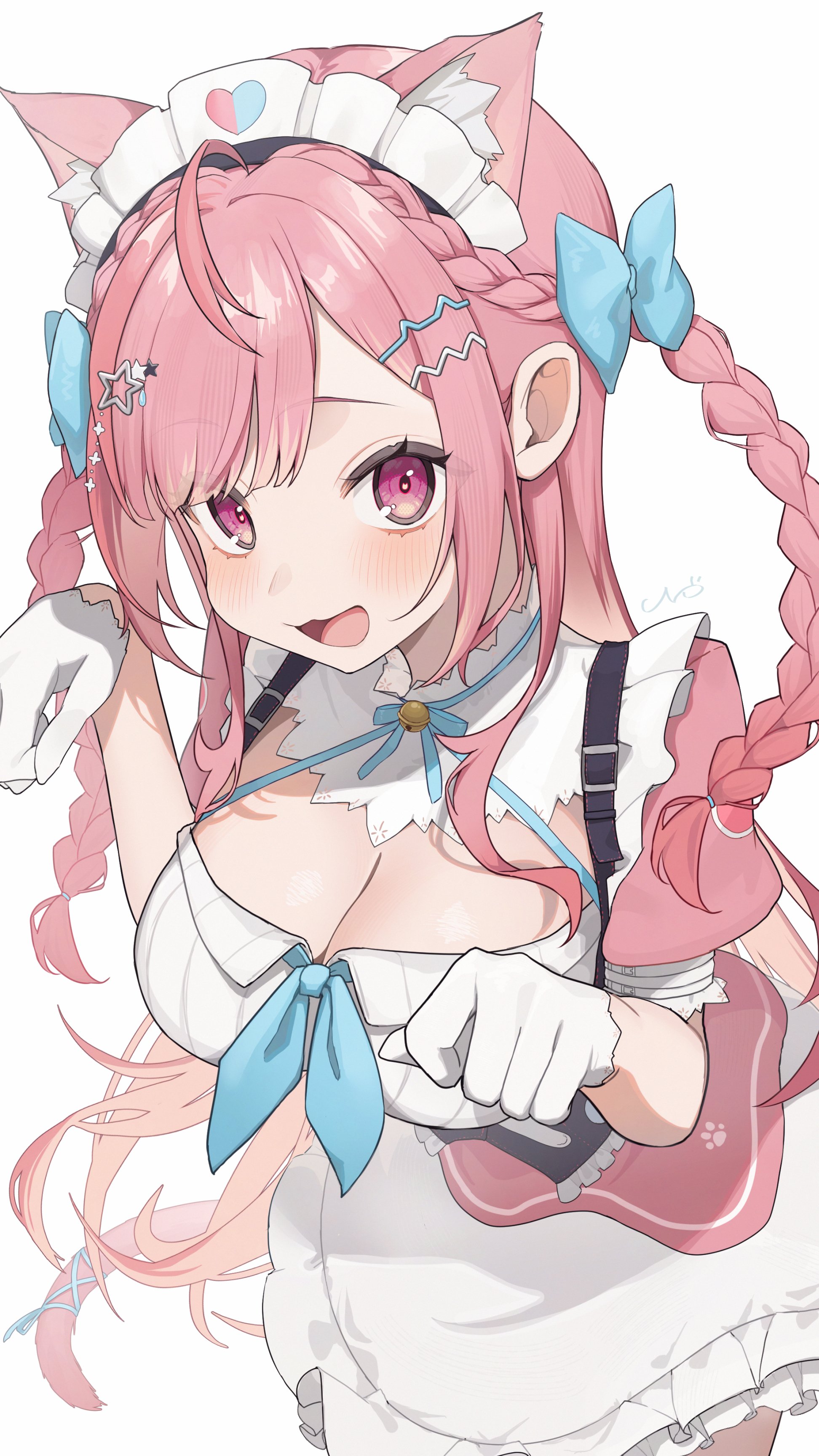 00s1g00, yuuki sakuna, indie virtual youtuber, absurdres, commentary, highres, 1girl, ahoge, animal ears, bell, blue bow, blue ribbon, blush, bow, breasts, cat ears, cat girl, cat tail, cleavage, dress, extra ears, gloves, hair bow, hair ornament, hairclip, heart, heart print, jingle bell, large breasts, long hair, looking at viewer, maid headdress, neck bell, neck ribbon, open mouth, pink dress, pink eyes, pink hair, pink tail, ribbon, signature, simple background, solo, star (symbol), star hair ornament, tail, two side up, virtual youtuber, white background, white dress, white gloves