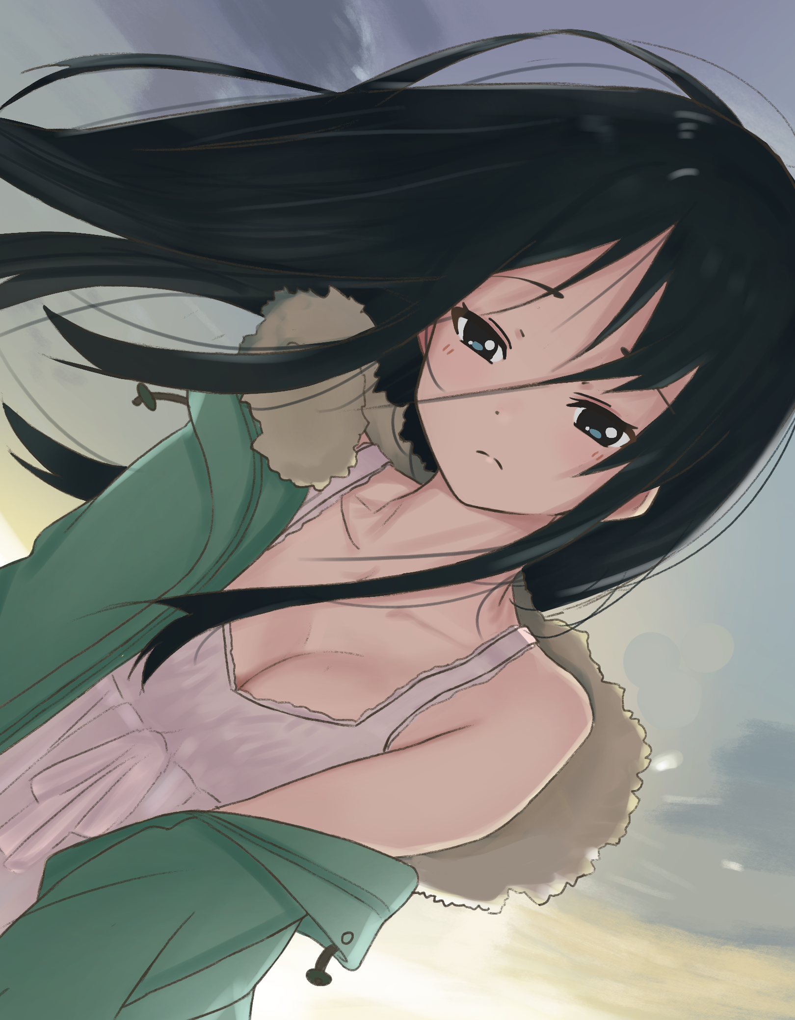 andreypavlow, akiyama mio, k-on!, commentary, english commentary, highres, 1girl, alternate costume, black hair, breasts, breasts squeezed together, cleavage, closed mouth, coat, collarbone, dutch angle, frown, fur-trimmed coat, fur trim, green coat, long hair, looking at viewer, medium breasts, nightgown, open clothes, open coat, single bare shoulder, sky, solo, upper body, white nightgown, winter clothes