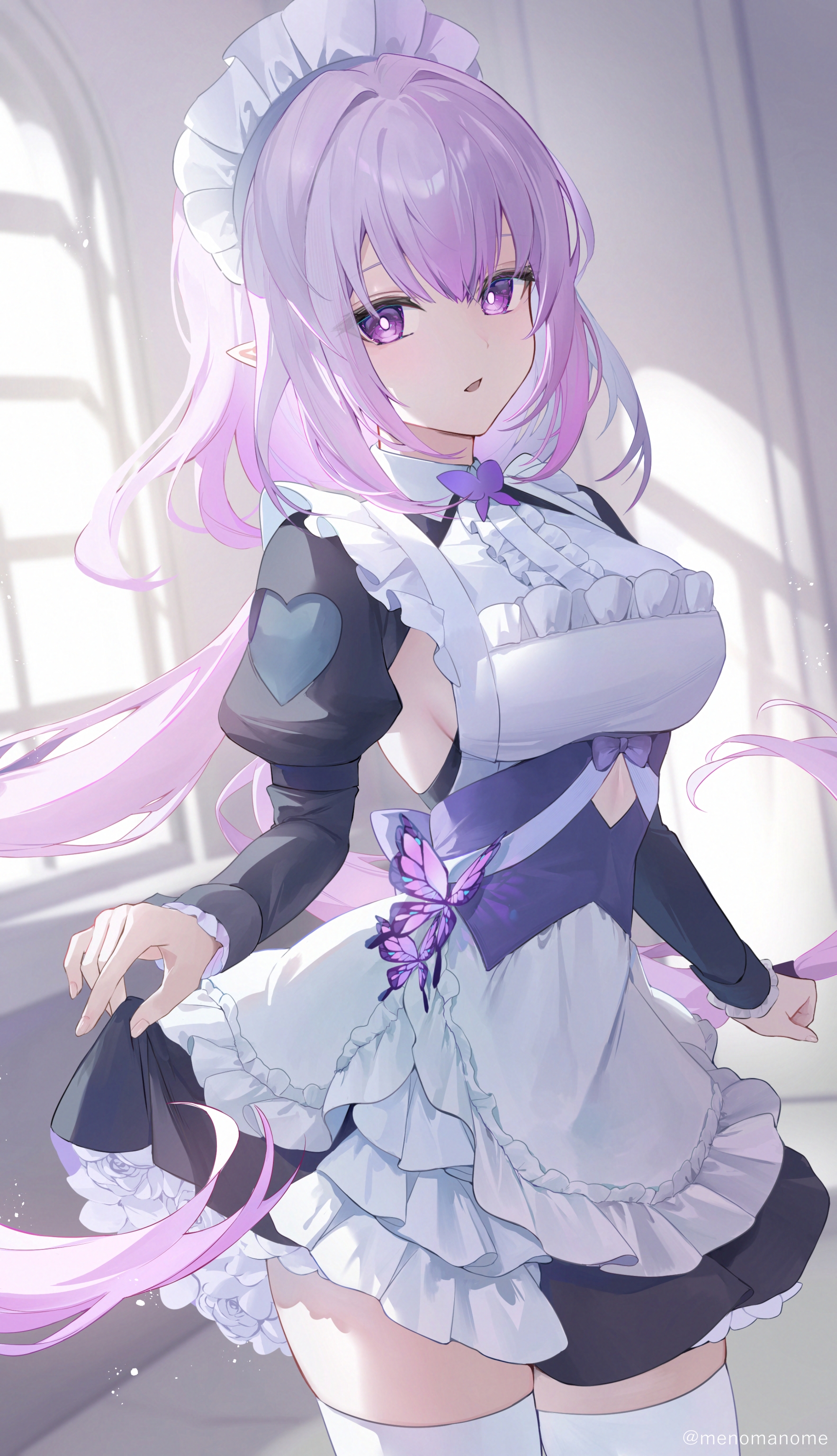 menomanome, castorice (honkai: star rail), honkai: star rail, honkai (series), absurdres, highres, 1girl, bow, breasts, bug, butterfly, clothing cutout, dress, frilled dress, frills, hair between eyes, indoors, insect, large breasts, long hair, looking at viewer, maid headdress, parted lips, pointy ears, puffy sleeves, purple bow, purple butterfly, purple eyes, purple hair, solo focus, thighhighs, very long hair