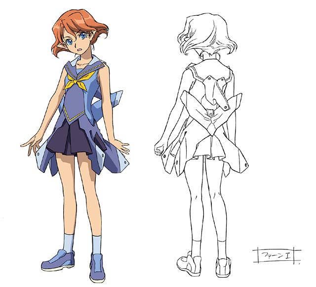 fand one, sentou yousei shoujo tasukete mave-chan, 00s, 1girl, female focus, full body, multiple views, personification, pointy ears, production art, school uniform, serafuku, short hair, simple background, skirt, socks, standing, white background