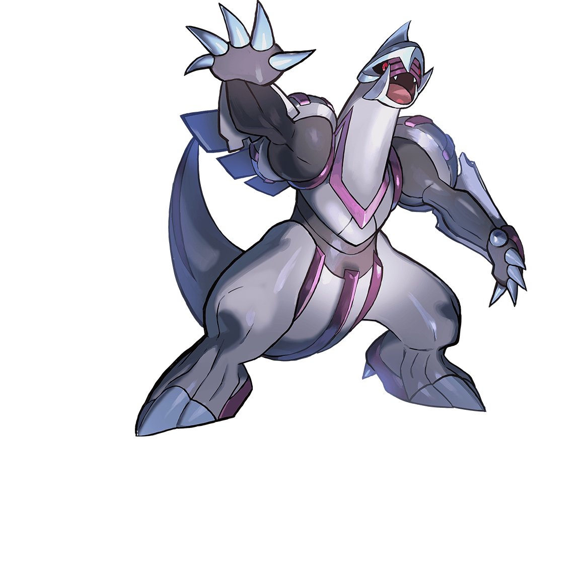 tokiya, palkia, nintendo, pokemon, archived source, official art, second-party source, black sclera, claws, colored sclera, fangs, full body, gen 4 pokemon, legendary pokemon, no humans, open mouth, outstretched arm, pokemon (creature), pokemon focus, red eyes, solo, transparent background