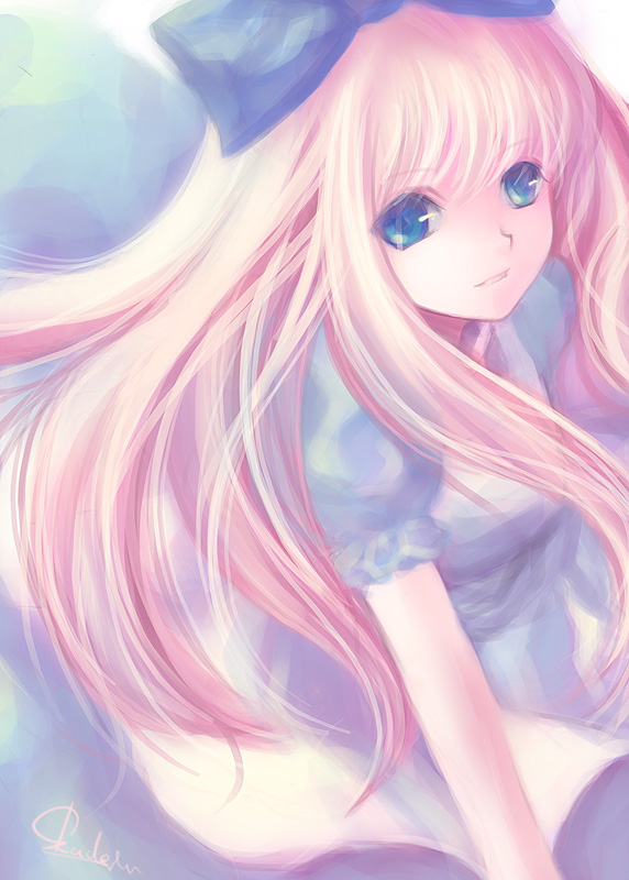 skade, alice (alice in wonderland), alice's adventures in wonderland, bad id, bad pixiv id, blonde hair, blue eyes, bow, long hair, solo
