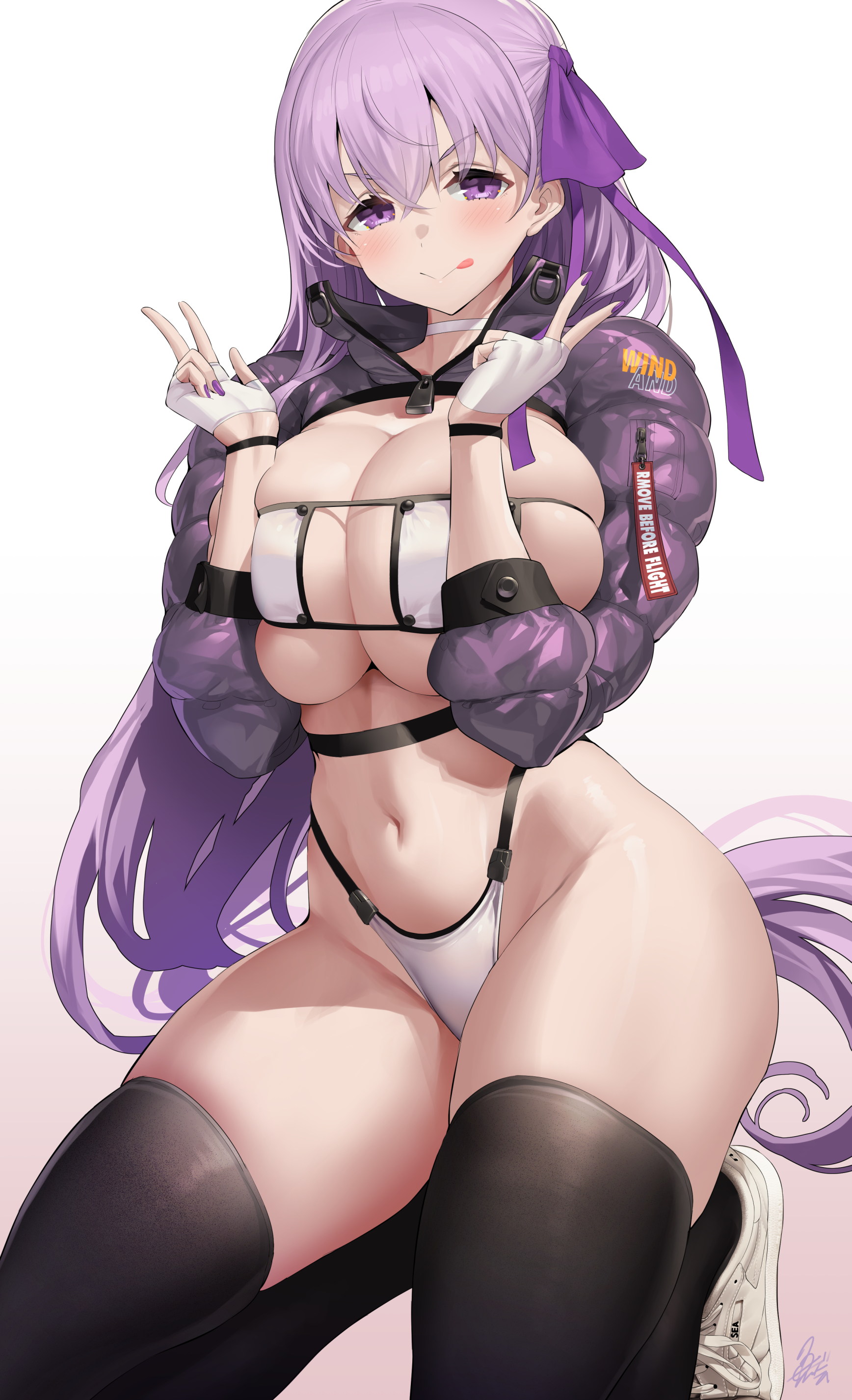 uo denim, bb (fate), fate/extra, fate/grand order, fate (series), absurdres, highres, 1girl, :p, bikini, black thighhighs, blush, breasts, cleavage, curvy, double v, eyepatch bikini, fingerless gloves, gloves, grey jacket, groin, hair ribbon, highleg, highleg bikini, huge breasts, jacket, kneeling, large breasts, long hair, looking at viewer, navel, open clothes, open jacket, puffy sleeves, purple eyes, purple hair, purple nails, purple shrug, ribbon, shoes, shrug (clothing), sideboob, simple background, skindentation, solo, stomach, swimsuit, thick thighs, thighhighs, thighs, tongue, tongue out, underboob, v, very long hair, w, white background, white bikini, white gloves, white shoes, wide hips, zipper pull tab