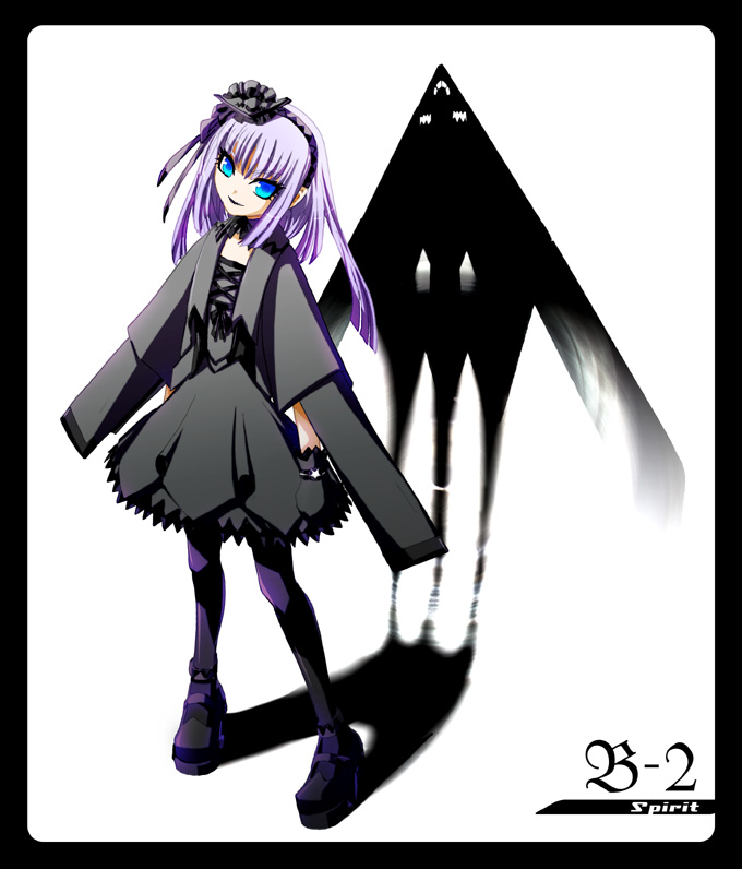wiw, jet, 1girl, aircraft, airplane, b-2 spirit, blue eyes, bomber, border, dress, female focus, flower, flying wing, gloves, gothic lolita, headband, heavy bomber, lolita fashion, mecha musume, military, military vehicle, pantyhose, penetrator (aircraft), personification, purple hair, skirt, solo, stealth, stealth aircraft, stealth bomber, strategic bomber, striped clothes, striped pantyhose, thighhighs