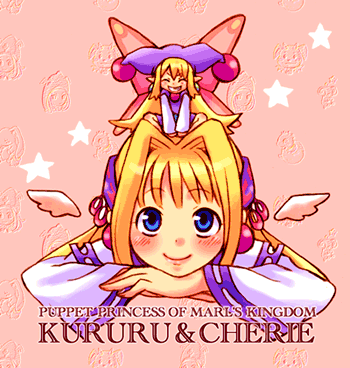 tsuyuka (sunny spot), cherie espoir, kururu (marl kingdom), marl kingdom, nippon ichi, puppet princess (marl kingdom), lowres, 2girls, blonde hair, blue eyes, blush, fairy, happy, hat, long hair, mini person, minigirl, multiple girls, smile, star (symbol), wings