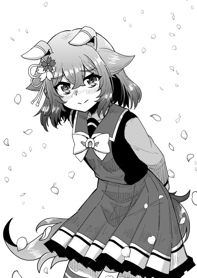 tkbn r, sakura chiyono o (umamusume), umamusume, commentary request, 1girl, animal ears, blush, breasts, closed mouth, collarbone, flower, hair between eyes, hair flaps, hair flower, hair ornament, horse ears, horse girl, looking at viewer, medium breasts, monochrome, petals, ribbon, school uniform, solo, thighhighs, tracen school uniform, white background