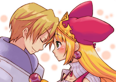 tsuyuka (sunny spot), cello (marl kingdom), princess kururu, little princess, marl kingdom, nippon ichi, lowres, 1boy, 1girl, :o, animal hat, blonde hair, blush, closed eyes, coat, couple, crown, earrings, embarrassed, face-to-face, forehead-to-forehead, happy, hat, heads together, hetero, jewelry, long hair, open mouth, pendant, polka dot, polka dot background, short hair, sidelocks, smile, turtleneck, upper body