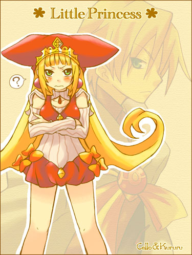 tsuyuka (sunny spot), cello (marl kingdom), princess kururu, little princess, marl kingdom, nippon ichi, striped, lowres, 1boy, 1girl, ?, angry, animal hat, blonde hair, blunt bangs, blush, bow, character name, coat, copyright name, couple, cross, crossed arms, crown, detached sleeves, earrings, embarrassed, flipped hair, frown, green eyes, hair between eyes, hat, hetero, jewelry, long hair, looking at viewer, pendant, profile, ribbon, short hair, sidelocks, speech bubble, standing, turtleneck, twintails, upper body, very long hair