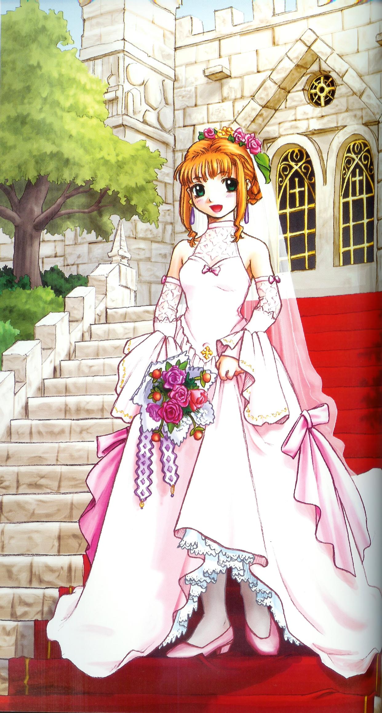 ryoji (nomura ryouji), cornet espoir, marl kingdom, nippon ichi, puppet princess (marl kingdom), highres, official art, scan, 1girl, blonde hair, bouquet, bridal veil, bride, dress, elbow gloves, female focus, flower, full body, gloves, green eyes, hair bun, happy, high heels, jewelry, outdoors, pantyhose, pink shoes, red hair, ribbon, shoes, single hair bun, skirt hold, solo, stairs, standing, tree, veil, wedding, wedding dress