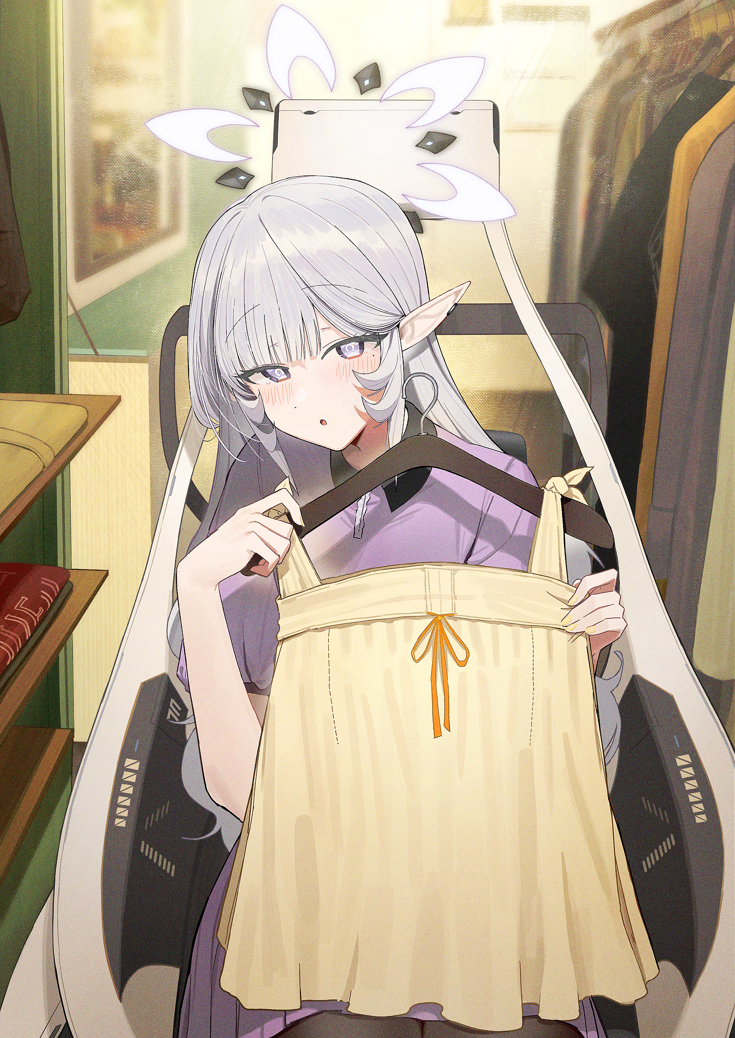 zanya 000, himari (blue archive), blue archive, commentary request, highres, partial commentary, 1girl, :o, black collar, blurry, blurry background, blush, clothes hanger, clothes in front, collar, collared dress, contrast collar, dress, earclip, grey hair, halo, holding, holding clothes hanger, indoors, long hair, long pointy ears, mole, mole under eye, pointy ears, purple dress, shop, solo, wheelchair