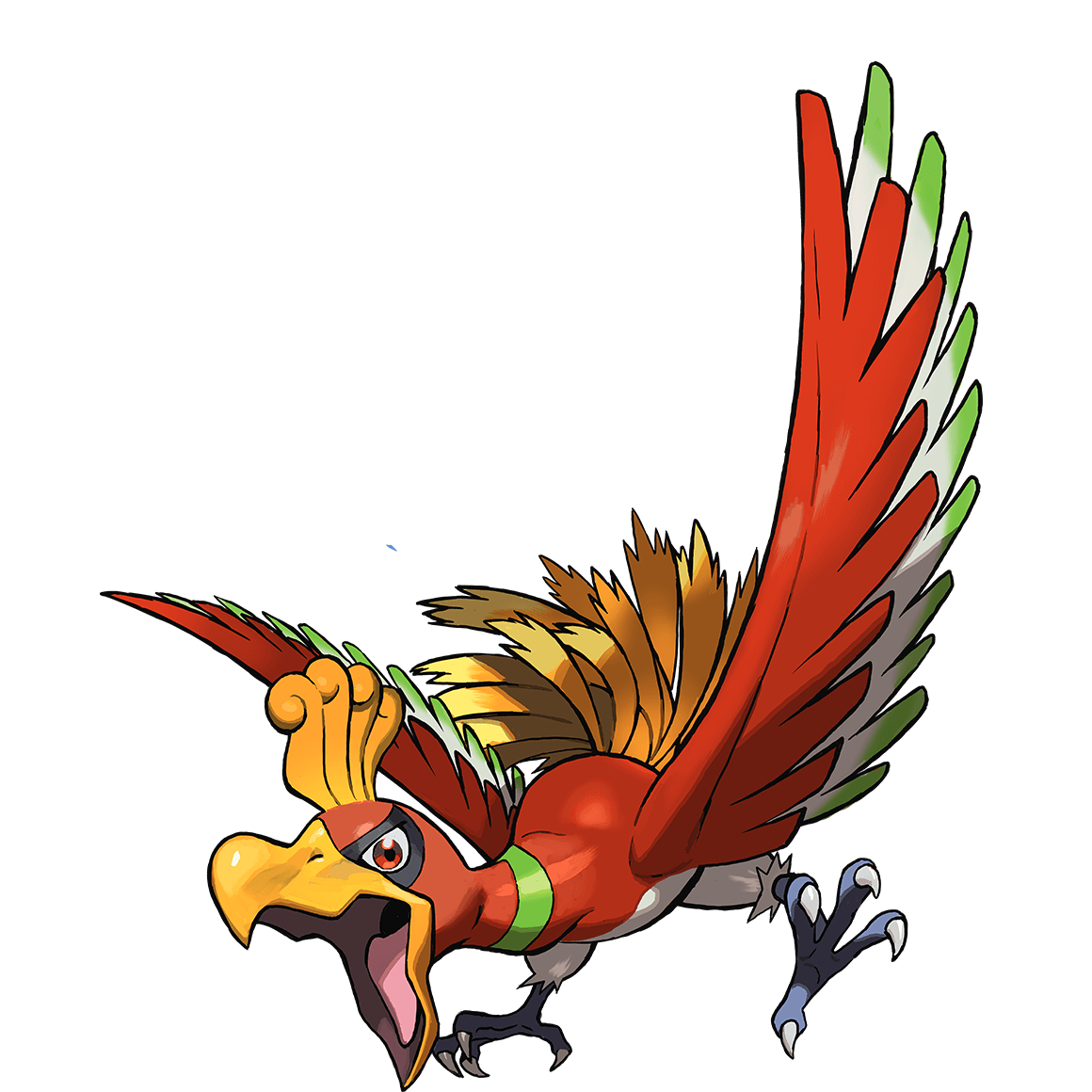 ho-oh, nintendo, pokemon, archived source, official art, second-party source, animal focus, bird, full body, gen 2 pokemon, legendary pokemon, no humans, open mouth, orange eyes, pokemon (creature), pokemon focus, solo, tongue, transparent background