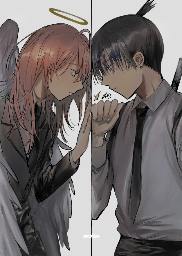 kuonazami, angel devil (chainsaw man), chainsaw man, commentary request, 2boys, angel, angel wings, black hair, black necktie, black pants, black suit, clenched hand, closed mouth, collared shirt, feathered wings, formal clothes, from side, halo, jacket, long hair, long sleeves, male focus, multiple boys, necktie, pants, profile, red eyes, shirt, shirt tucked in, short hair, suit, suit jacket, topknot, traditional halo, white shirt, white wings, wings