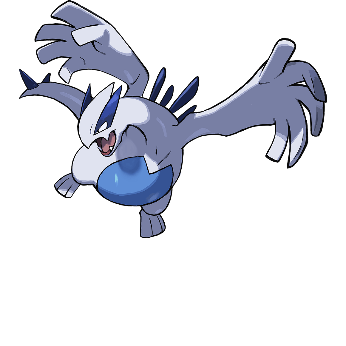 lugia, nintendo, pokemon, archived source, official art, second-party source, animal focus, fangs, full body, gen 2 pokemon, legendary pokemon, no humans, open mouth, pokemon (creature), pokemon focus, solo, transparent background
