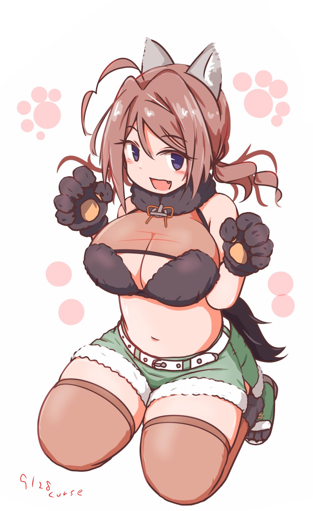 curse (023), chougei (kancolle), kantai collection, highres, 1girl, ahoge, animal ears, animal hands, belt, black bra, blue eyes, boots, bra, breasts, brown hair, brown thighhighs, chougei (halloween) (kancolle), claw pose, cleavage, fake tail, fang, gloves, grey boots, grey shorts, halloween costume, kneeling, large breasts, low twintails, paw gloves, paw print, shorts, smile, solo, tail, thighhighs, twintails, underwear, wavy hair, white belt, wolf ears, wolf tail