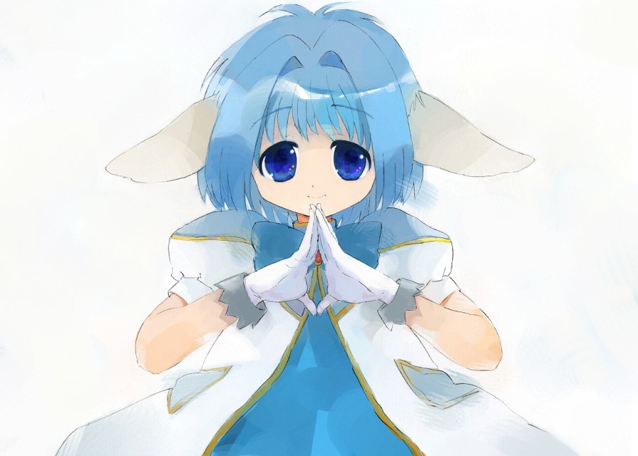 mint blancmanche, galaxy angel, 00s, 1girl, animal ears, blue eyes, blue hair, bow, dress, female focus, gloves, looking at viewer, matching hair/eyes, puffy sleeves, short dress, short hair, solo