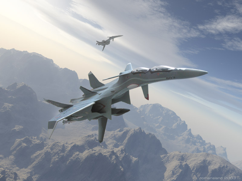 roman adam, ffr-31mr/d super sylph, sentou yousei yukikaze, 00s, 2003, 3d, aircraft, airplane, cloud, dutch angle, fighter jet, flying, military, military vehicle, missile, mountain, no humans, outdoors, sky, vehicle focus